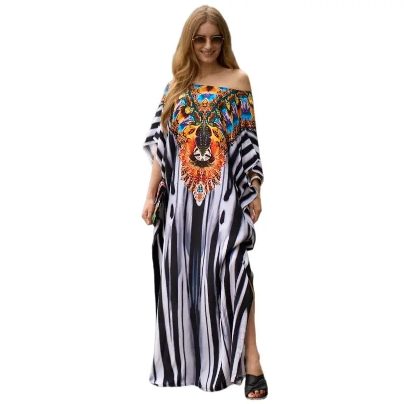 Women's Plus Size Striped Boho Tiger Print V-Neck Viscose Caftan Dress - Batwing Sleeves, Side Slits, Floor-Length, Casual Wear, Imported, Beach Cover Up, Nightgown, M-XXL, Hand Wash Only, Do Not Tumble Dry, Rayo