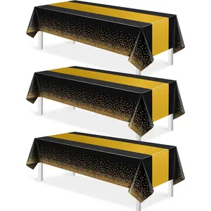 3Pcs Black and Gold Tablecloth Party Decorations,Plastic Black Table Cloth Printed Gold Table Runner Disposable Rectangle Tables Cover for Birthday Retirement Anniversary Graduation Party,54 x108 Inch