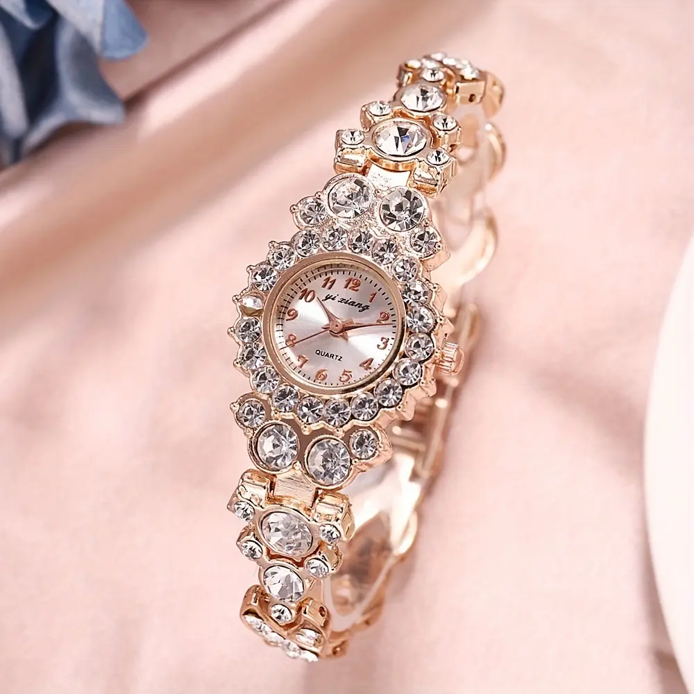 Ladies' Alloy Quartz Watch - Elegant Designer-Style Classical Buckle Wristwatch with Shiny Diamond-Cut Round Alloy Strap and Rhinestone Accents, Alloy Quartz Watches, Designer-Style Quartz Watches