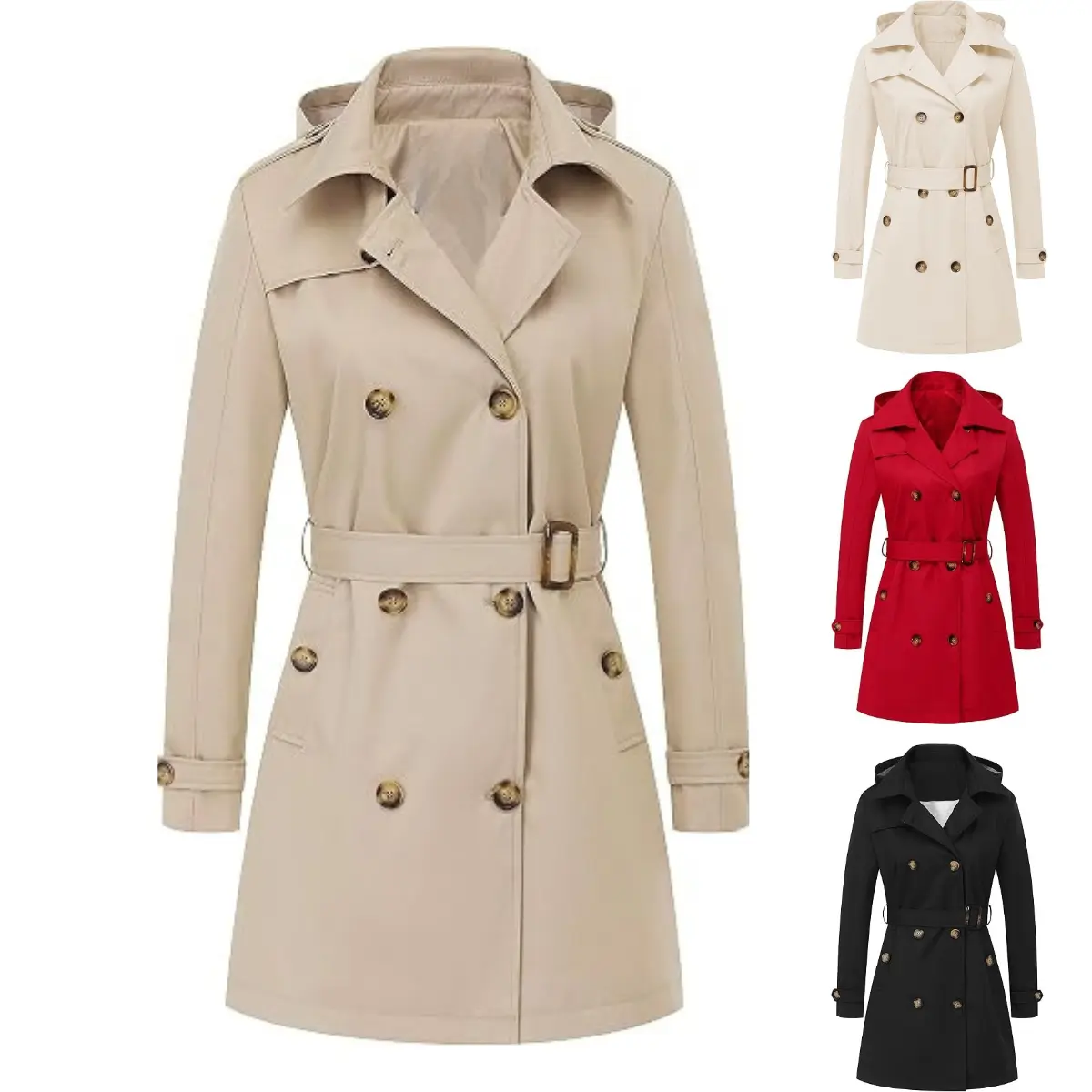 SCUSTY Women's Trench Coat Double-Breasted Classic Lapel Overcoat Belted Slim Outerwear Coat with Detachable Hood