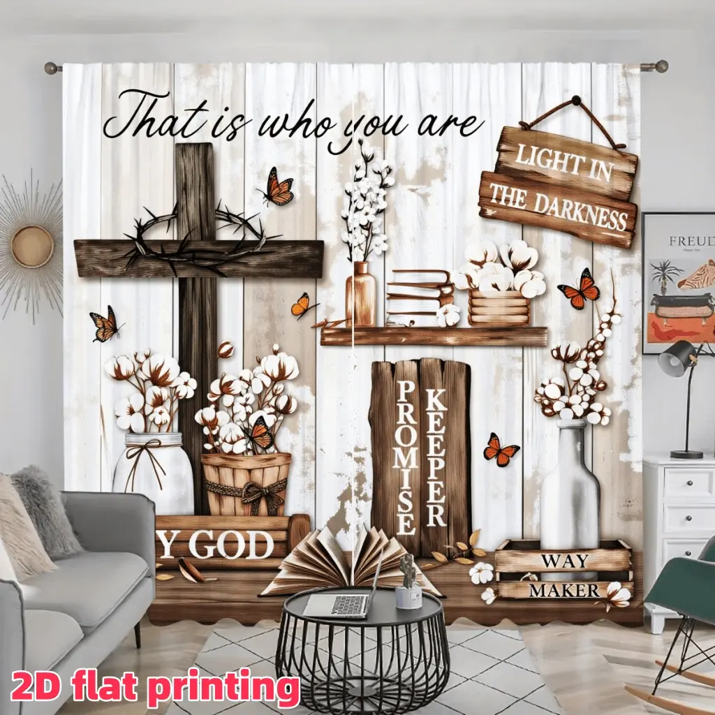 2D Flat 2Pcs Christian Faith Curtains, Farmhouse Wooden Texture Print, Cross, Cotton Bolls & Scripture Quotes 'LIGHT IN THE DARKNESS', 'PROMISE KEEPER', 'WAY MAKER', 'MY GOD' for Living Room, Bedroom, Window Decoration, Home Decorative Curtain