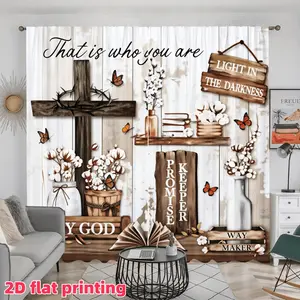 2D Flat 2Pcs Christian Faith Themed Curtains, Farmhouse Wooden Texture Print, Cross, Cotton Bolls & Scripture Quotes "That is who you are", "LIGHT IN THE DARKNESS", "PROMISE KEEPER", "WAY MAKER", "MY GOD" for Living Room, Bedroom, Window Decoration
