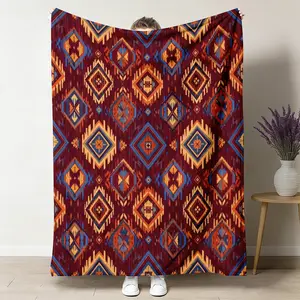1pc Geometric Print Flannel Blanket, Soft Warm Southwestern Geometric Throw Blanket, Cozy Plush Boho Blanket, Aztec Pattern Design Blanket, Ideal for Sofa Couch, Boho Home Decor, Birthday Gift 50"x60"