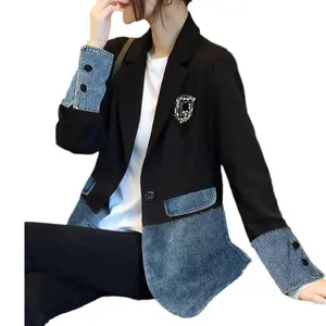 FashionKoreanVersionLooseWomenDenimJacketSplicingSuitLadiesDenimOuterwearElegantFemaleJeansCoat