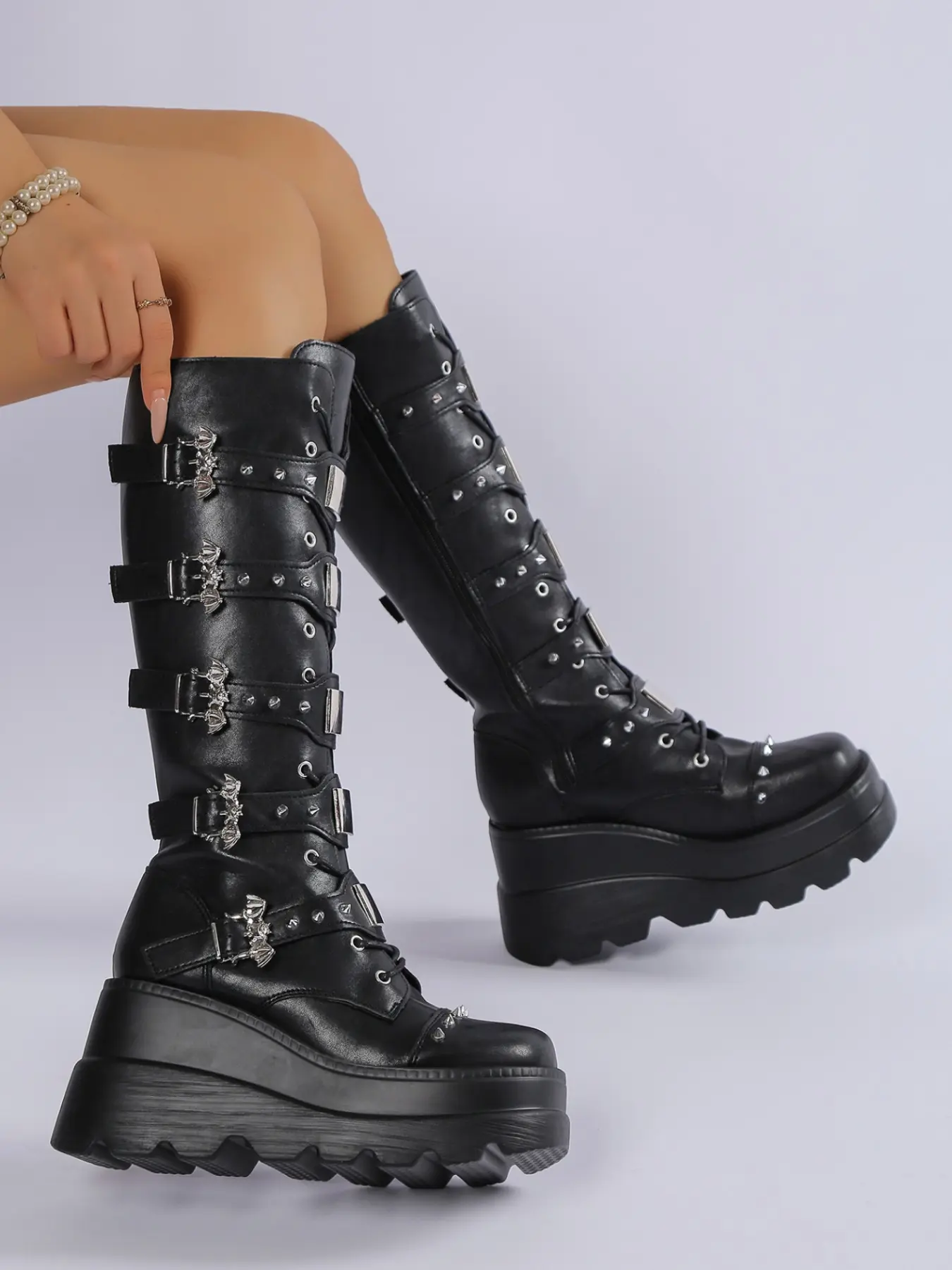 Gothic Platform Chunky Ankle Boots for Women, Sexy Punk Motorcycle Biker Boots, Bat Buckle, Zipper, Round Toe, Thick Heel, All Seasons