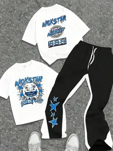 Men's White T-Shirt & Track Pants Set, Blue Star & Trollface Graffiti Print Y2K Hip Hop Streetwear 2PC Graphic Two-Piece Set - Contrast Side Stripe Flame Flare Pants & Crew Neck T-Shirt, Streetwear Outfit | Y2K Streetwear