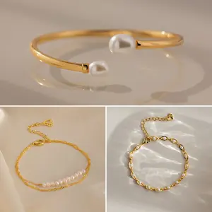 Pearl Eternity Bracelet Set by Caitlyn Minimalist - Set of 3: Beaded Twist Chain Bracelet, Sculpted Pearl Cuff, & Pearl Link Bracelet - Gold Jewelry - Gift for Wife