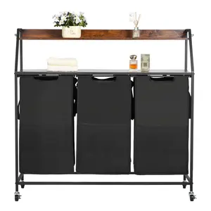 VEVOR 2 Tiers Laundry Sorter, Tall Laundry Hamper with Metal Frame and Wooden Tabletop, 3 Section Rolling Basket Organizer Storage with Ladder Shelves and 600D Oxford Cloth Bags for Dirty Clothes