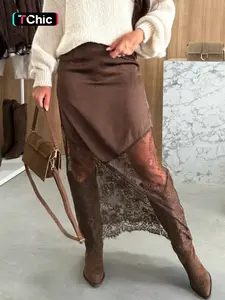 1 piece Elegant Aesthetic Chic Lace Patchwork Skirt, Bottoms, Knitted Fabric, Pure Color, Fitted, Everyday Wear, Daily Wear, Suitable for Spring and Summer, Womenswear, Basic