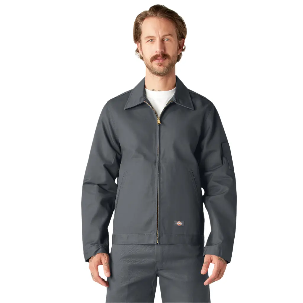 Dickies Men's Unlined Classic Medium-Length Eisenhower Lightweight Durable Cotton-Poly Twill Jacket - Charcoal, Collared Neck, Double Brass Zipper, Plain Design, Slant Pockets, Long Sleeves, Universal Fit, Casual Menswear, Machine Washable Coat