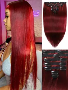 8 Pcs Clip In Hair Extensions Straight Glueless Human Hair For Women Trendy Burgundy Seamless Clip Ins with 20 Clips 120g Double Wefts for Festival Party Photoshoot Hair Weave Extensions