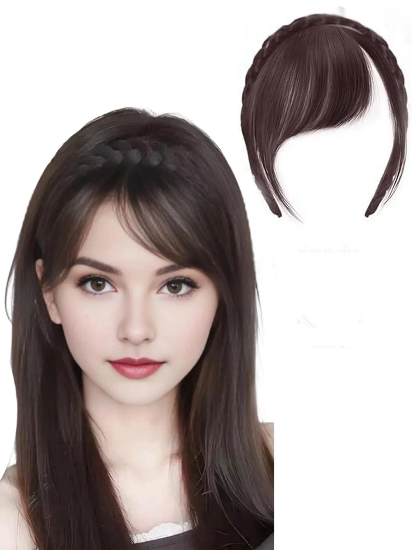 Synthetic Hair Braided Headband with Bangs - Straight Hair Extension for Women, Adjustable Hair Accessory for Styling and Volume, Hair Styling Tools, Secure Fit Design, Synthetic Hairpieces, Scene Hair Extensions