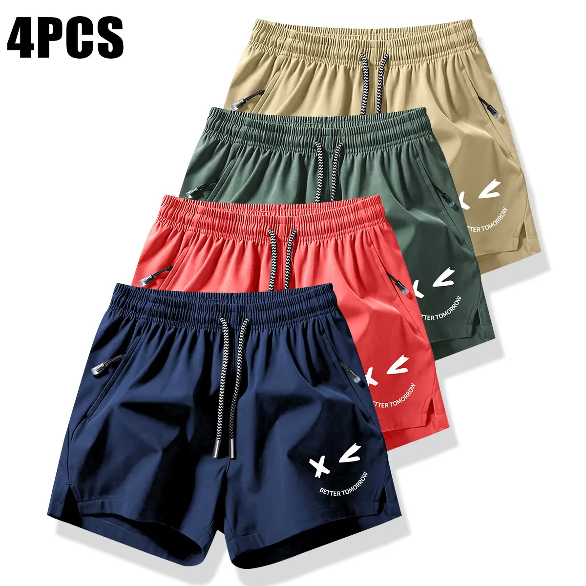 Men's 4 Pack Tie Waist Pocket Shorts, Men's Casual Breathable Shorts, Sports Casual Stretch Waist Pocket Shorts, Men's Loose Fit Casual Shorts, Summer Shorts with Casual Elastic Waistband, Beach Shorts for Summer