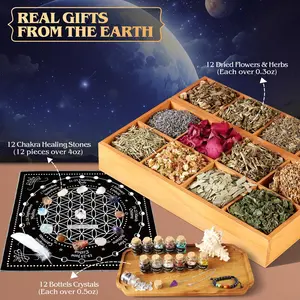 Pack Supplies Kit, Starter Kit for Beginners, Tools Set with Spell Candles, Chakra Healing Crystals and Dried Herbs, Gifts for Women, Spell Jar and Spiritual Ritual Kit