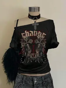 🔥Y2K Grunge Off Shoulder Top | Vintage Cross Graphic Tee | Gothic Streetwear Aesthetic | Trendy Dark Academia Alt Fashion | Perfect for Edgy Outfits & TikTok Fits | Soft Fabric & Oversized Fit | Shop Now for the Viral 2000s Look! | Womenswear