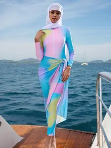 Women's Muslim Conservative Swimsuit Set with Headscarf, Long Sleeve & Pants, Mixed Color Tie-Dye Swimwear for Beach Vacation Spa Pool Party, Modest Swimsuits