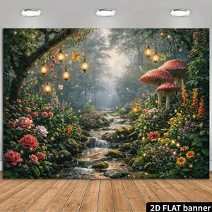 2D Flat Banner, 1pc Mysterious Forest Garden Backdrop: A Stream Winds Through Blooming Flowers and Glowing Mushrooms, with Hanging Lanterns Gently Swaying and Butterflies Dancing Among the Blossoms and Play of Light