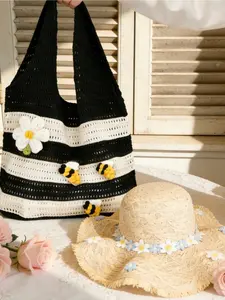 3D Bee Daisy Flower Crossbody Bag, Vintage Striped Open Weave Backpack, Large Capacity Shoulder Bag for Summer Streetwear