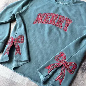 Merry Christmas Side Bow Crewneck Sweatshirt, Plaid Christmas Pullover Sweatshirt, Trendy Coquette Bow Sweatshirt