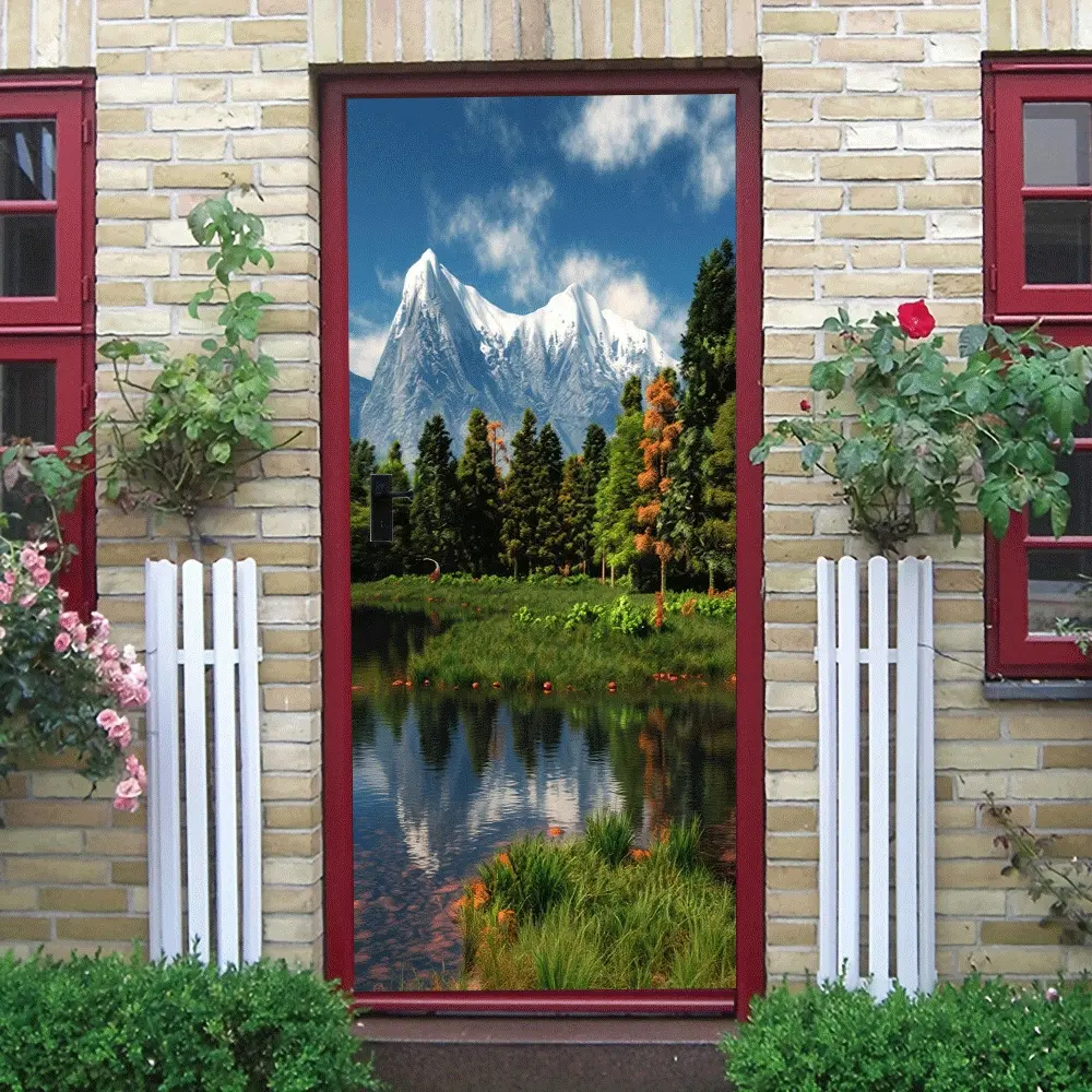 2pcs Snow Mountain Forest Lake Scenery Wall Stickers Living Room Entrance Bedroom Background Wall Decorative Stickers Self Adhesive Removable Eco Friendly Material Home Wall Decoration Nature Landscape A