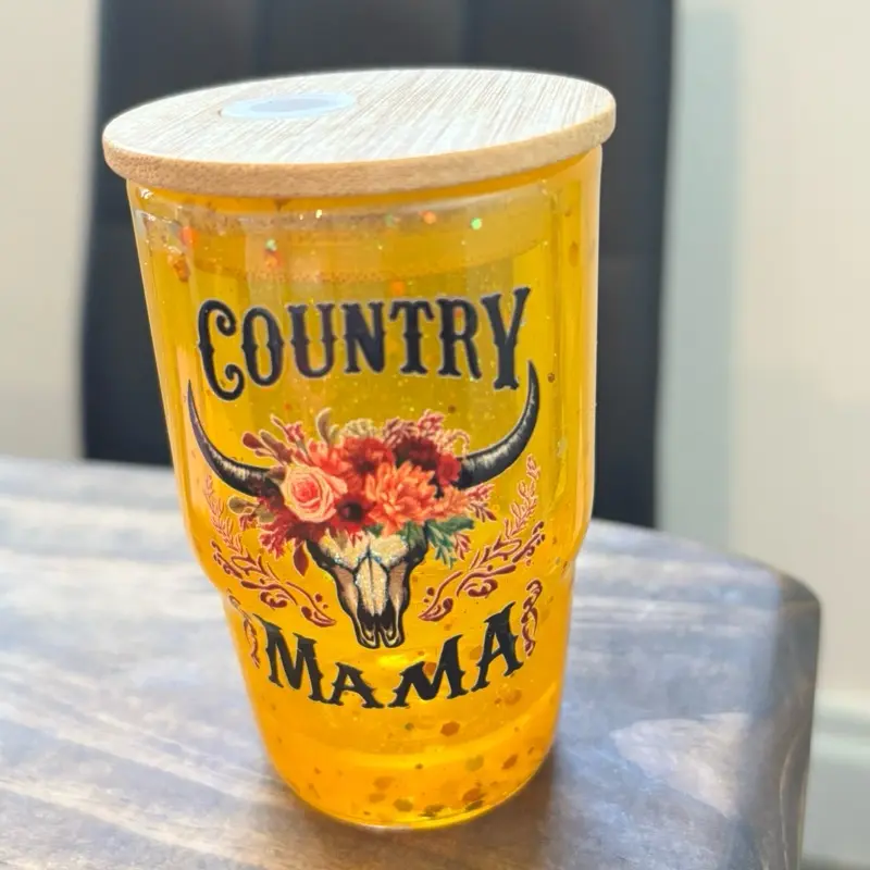 Country Mama Snow Globe Shot Glass | Western Glitter Cup | Cow Skull Floral Tumbler | Country Girl Gift | Handmade Glitter Cup