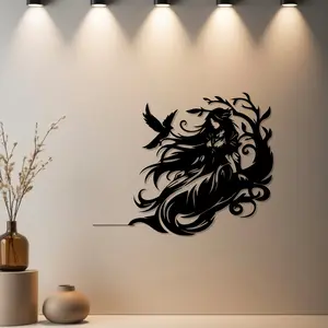 HousewarmingGift 1pc Artistic, Gothic Woman and Raven Metal Wall Decor, Vintage Wall Art, Statue Mural with Premium Finish - Ideal Gift for Wedding, New Home, Halloween, Xmas - Metal Wall Sculpt