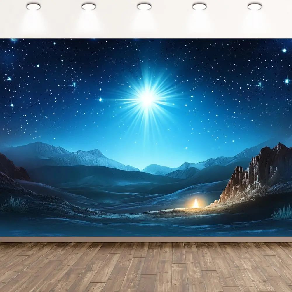 1pc Durable Polyester Nativity Scene Backdrop Picture - 2D Flat, Glam Starry Night Bethlehem Jesus Birth Design, Soft Texture Non-Electric White Religious Christmas Textile Decoration for Church, Home