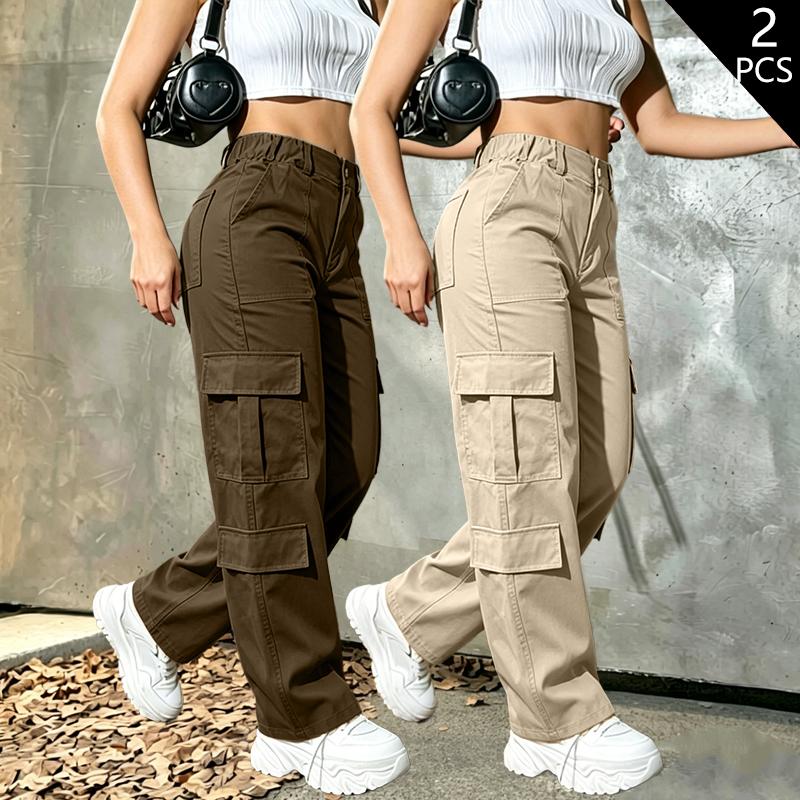 Women’s two-pack outdoor cargo pants, American-style casual long pants, multi-pocket straight-leg design, commuter long pants, travel clothing, outdoor pants, casual style, practical pants, multi-pocket pants, women’s fashion