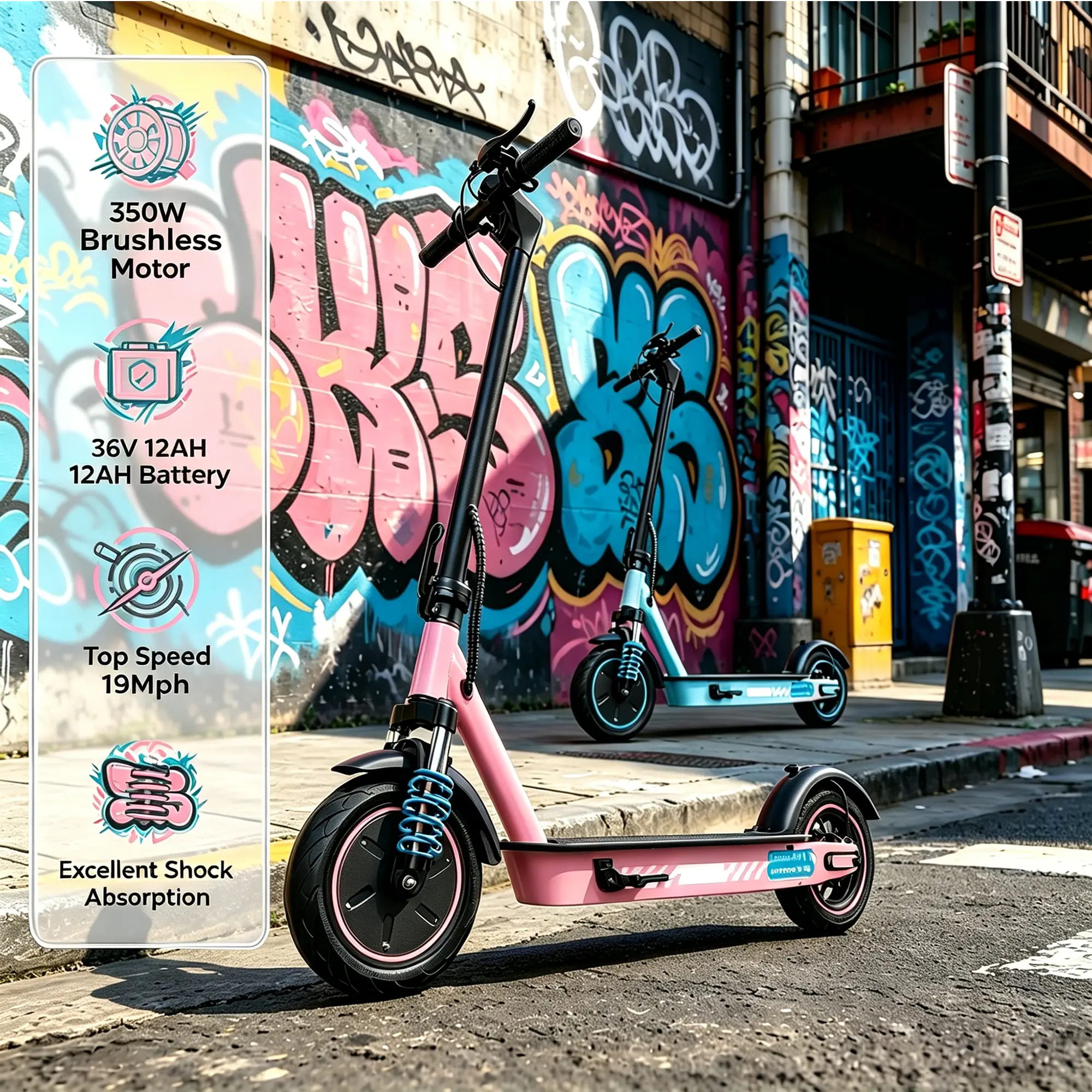 Pastel Pink Foldable Adult Electric Scooter,350W Motor 36V12AH Battery 19MPH 30Miles Range,Dual Shock Absorption,10'' Honeycomb Tire,Smart APP LCD Display,Dual Brake LED Light,3s Quick Fold Commuter E-Scooter