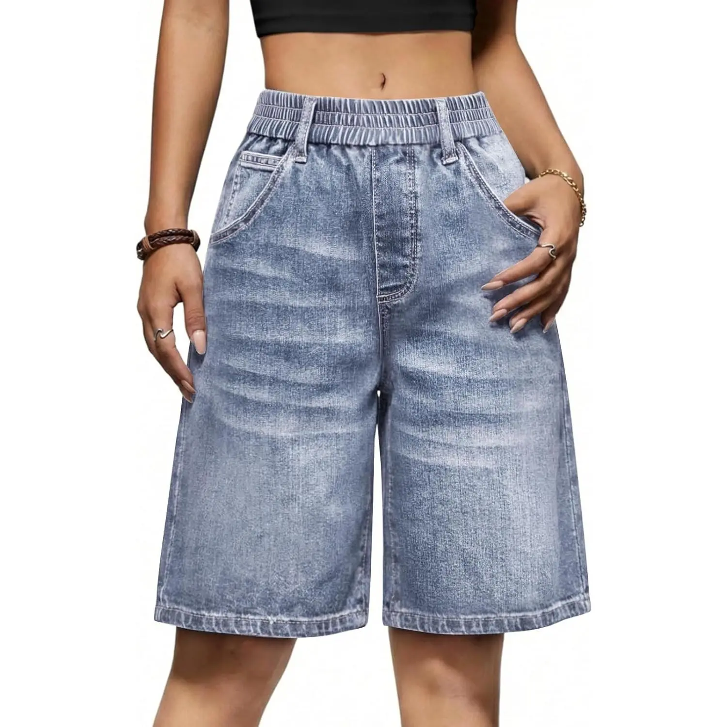 Yousify Womens Bermuda Jean Shorts Elastic Waisted Trendy Denim Jorts Knee Length Loose Fit Short Shorts Womenswear Baby Blue