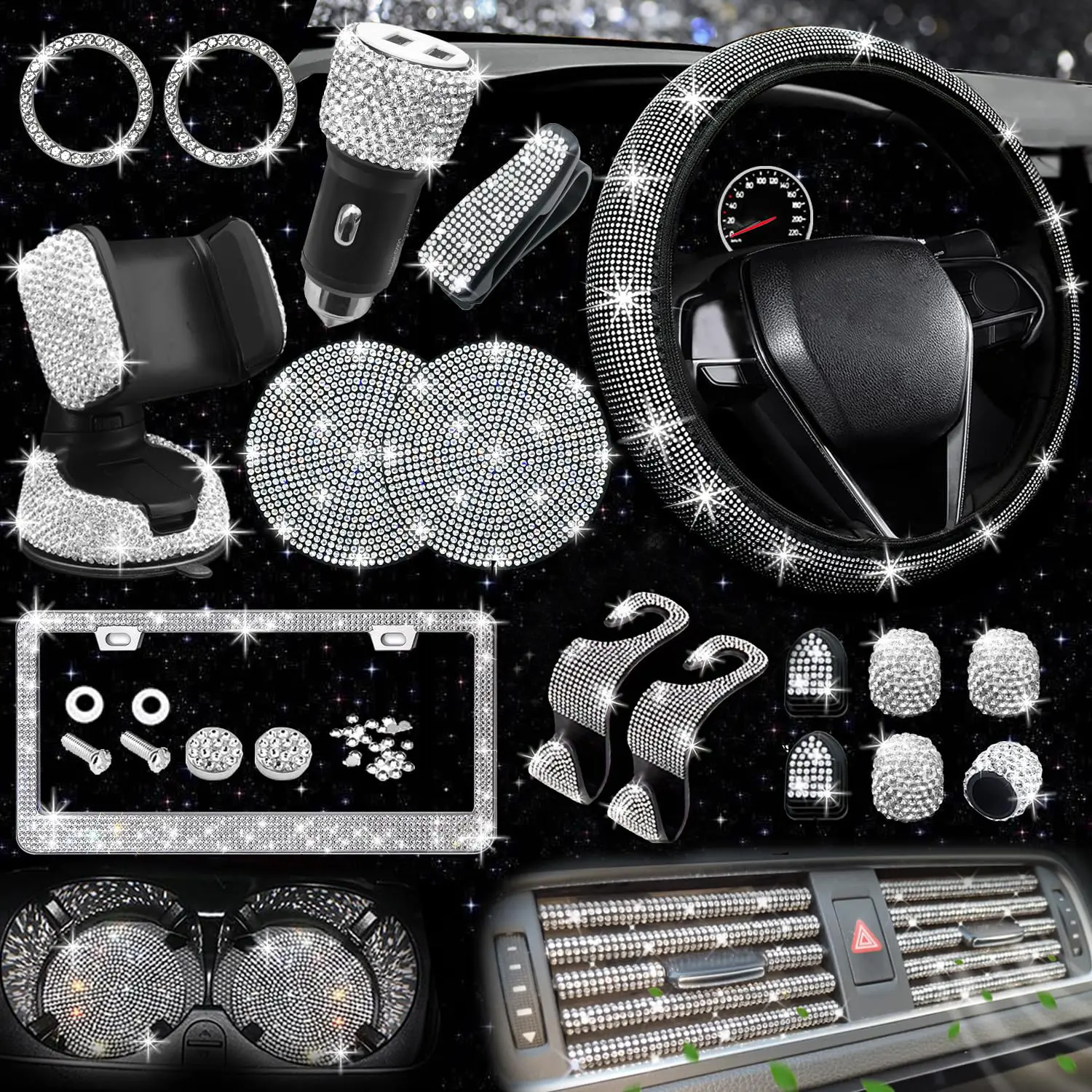 All-Seasons Universal Car Steering Wheel Cover Multi-Piece Kit - Non-Slip Diamond-Embellished Accessories, Interior Add-Ons with Easy Installation, Phone Holder & Protector, Interior Car Accessories, Car Accessories