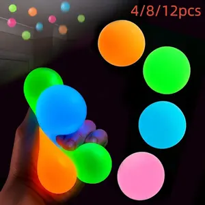 4pcs/8pcs/12pcs Glow-In-Dark Wall Stickers, Stress Relief Squeeze Toys, Interactive Tpr Wall Adhesive Balls, Portable Anxiety Relief