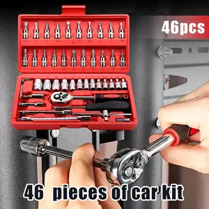 46PCS Professional Tool Set, 1/4" Drive Ratchet Socket Wrench Kit for Car & Motorcycle Repair, Deep & Standard Sockets with Vehicle Repair Accessories, Heavy Duty Mechanic Toolkit, Father’s Day Gift for Dad