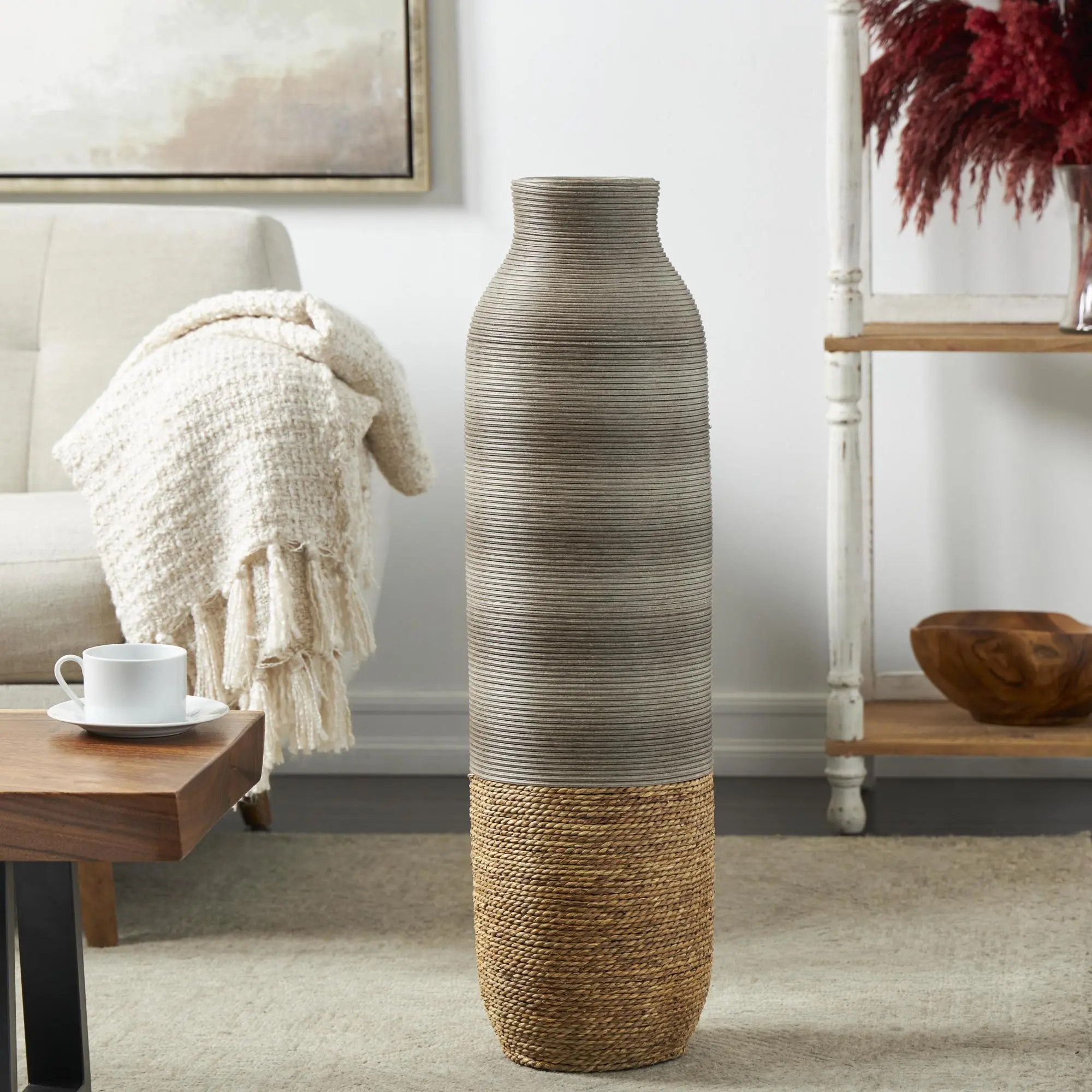 Nature-Inspired Brown Seagrass Handmade Ribbed Stripe Vase with Felt Accents, Coiled Base, Ideal for Home Decor Centerpiece, Perfect Gift Option, Room, Traditional