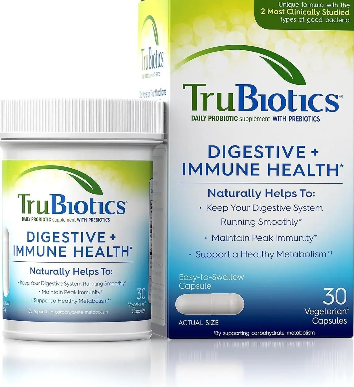 TruBiotics Probiotics for Digestive & Immune Health, Supports Regularity & Helps Relieve Abdominal Discomfort, Gas & Bloating, 2 Clinically Studied Probiotic Strains, Plus Prebiotics, 30 Capsules