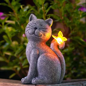 Cat Outdoor Solar Resin Statue with Butterfly, Outside Garden Ornament for Lawn, Home, Patio, Yard, Office - Unique Cat Sculpture Gift for Mom Grandma Lady Animal Lover, Christmas Gift