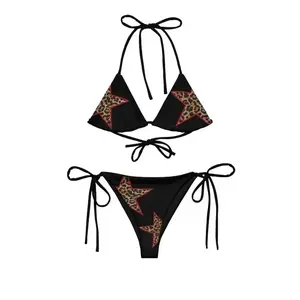 TikTok Viral Women’s Triangle String Bikini Set, Black Leopard Star Print Halter Swim Top & Tie-Side High Cut Bottom