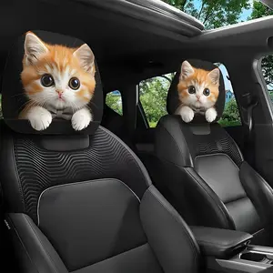2 sets of cute big-eyed orange cat-print car headrest covers, made of soft and comfortable knitted polyester material with elastic design, universal size, suitable for car interiors.