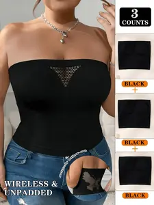 3PCS Plus Size Strapless Bandeau with V-Mesh Front & Butterfly Back Ribbed Knit Stretchy Tube Top  All-Day Comfort Plus Size Apparel