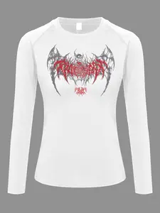 Skull Wings Print Sporty Long Sleeve T-Shirt Top for Women, Spring & Fall Round Neck Quick-Dry Breathable Stretchy Baselayers Undershirts, Activewear for Yoga Running Fitness Training Athletic Sports Clothing