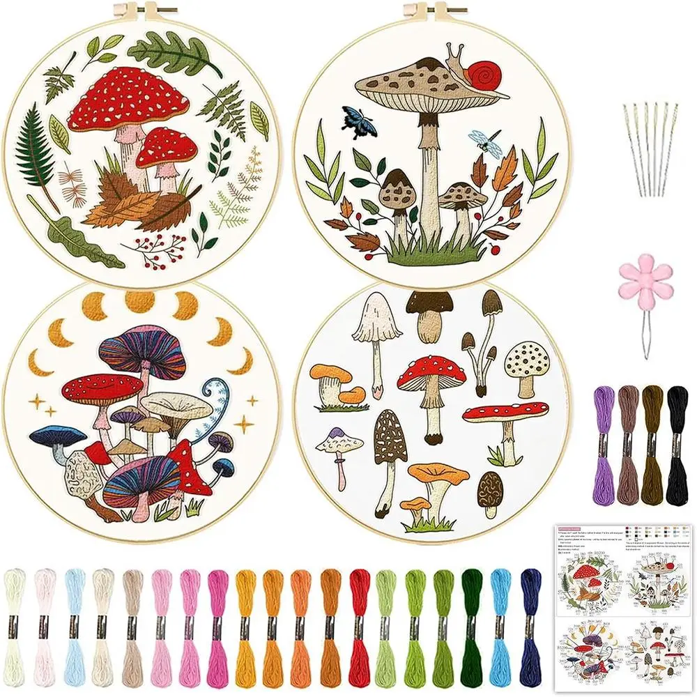 DIY Mushroom Pattern Embroidery Kit with Random Color Tools (1 Set), Mushroom Embroidery Starter Kit, DIY Embroidery Supplies for Beginners, Dorm Esse