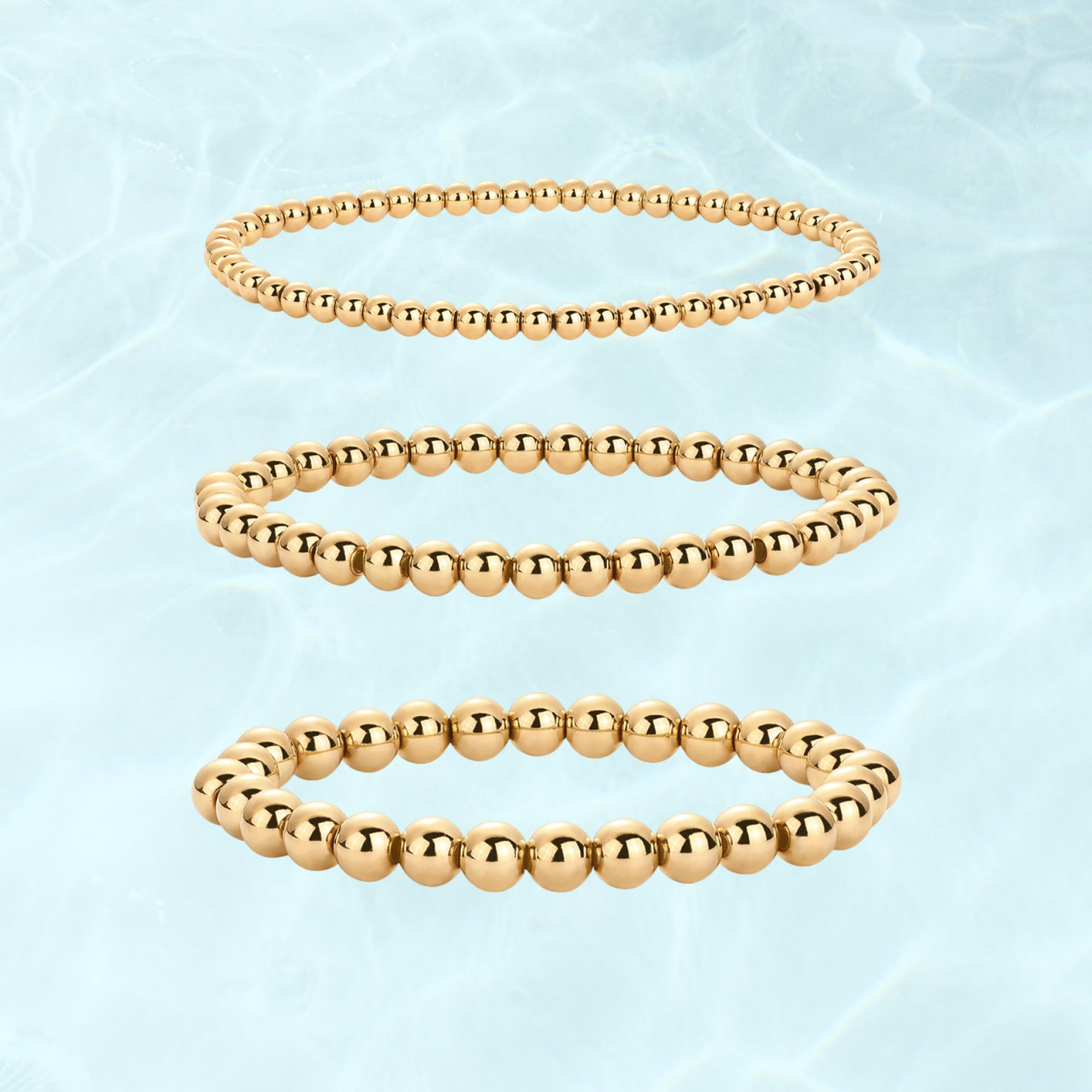 PAVOI Waterproof Beaded Bracelet Pack for Women - 14K Gold Plated 3-Piece Stretchy Bracelet Set - Stainless Steel Ball Trio Bracelet Stack