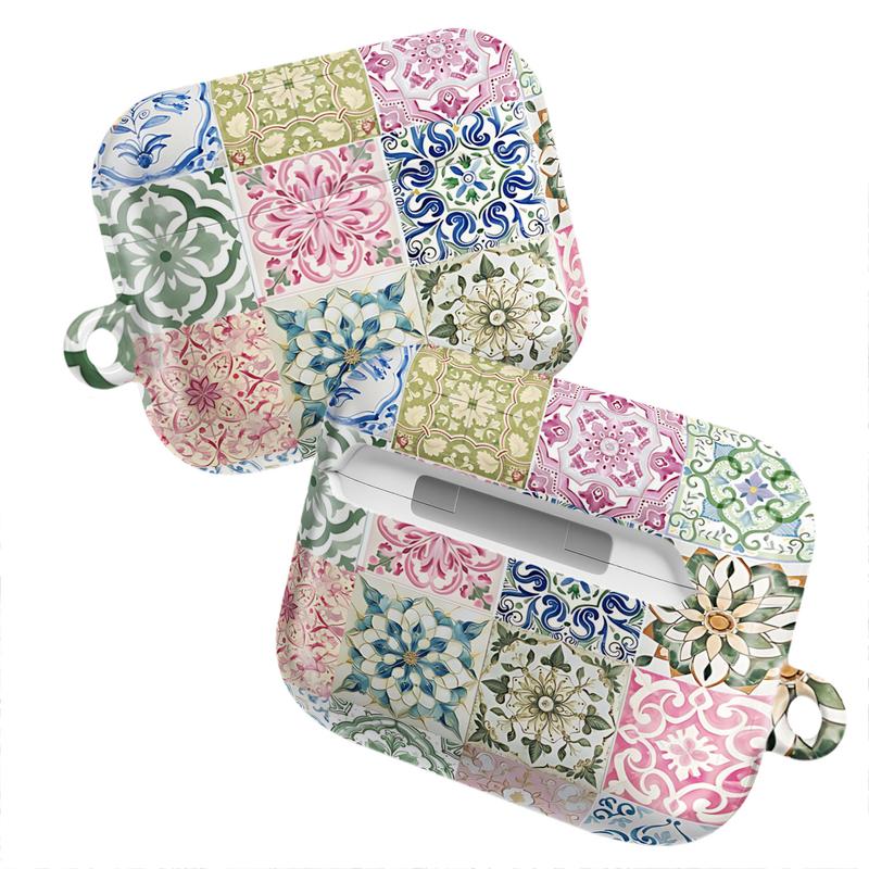 Vintage Tile Pattern AirPods Case – Colorful Ceramic Mosaic Floral Tiles Cover – AirPods Pro / Pro 2 / Pro 3, AirPods 1 / 2 / 3 / 4 Case | Aesthetic Mediterranean Decor Gift Idea