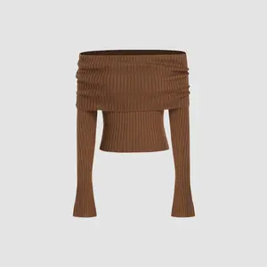 Cider [size 2-26] Off-shoulder Knitted Ruched Bell Sleeve Top