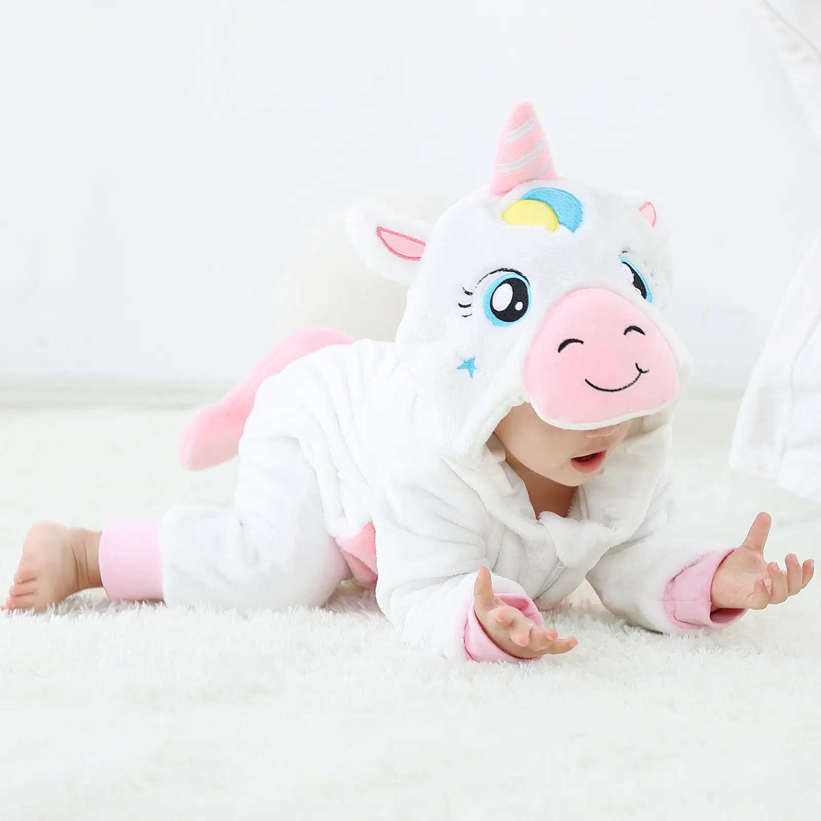 Unisex Toddler Baby Animal Flannel Romper - Warm Hooded Flannel Fabric Pajamas, Boys/Girls 0-3 Years Halloween Costume with Snap, Animals, Camo, Deer, Rainbow Unicorn, Birthday Long Sleeve