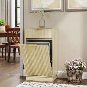 10-Gallon Tilt-Out Trash Can Cabinet, Fluted Laundry Hamper Cabinet with Storage Drawers, Wooden Hidden Garbage Can Cabinets, Free Standing for Kitchen, Living Room, Natural