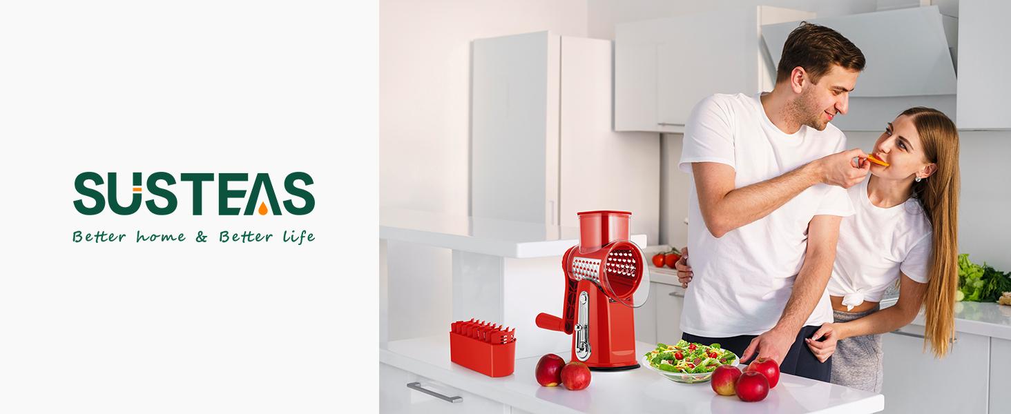 SUSTEAS Rotary Cheese Grater with Handle, 5 Replacement Blades, BPA Free, Built-in Strong Suction Base, 18/10 Stainless Steel Vegetable Slicer Kitchen Utensils