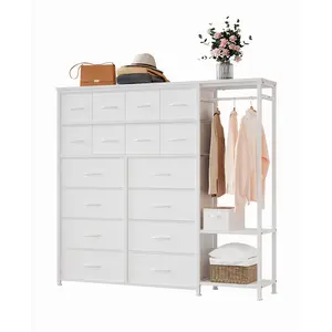 Garvee 1 Iron + Mdf Cloth 16 Drawer Rack Tall Fabric Dresser Closet Organizer – Large Bedroom Cabinet with Clothes Rack, 2 Shelves, Wooden Top & Metal Frame for Women, Girls, Living Room – Storage Tower ,White PU