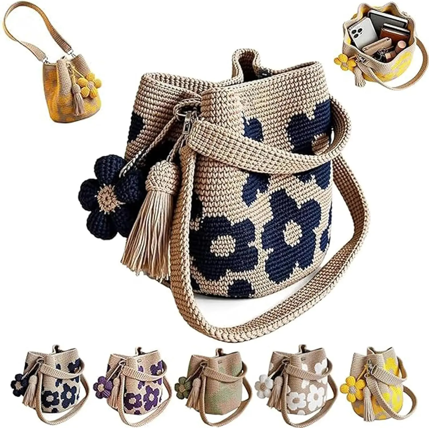 Handmade Crochet Flower Tote, Boho Floral Woven Beach Bags for Shopping, Beach, Travel, Daily Use