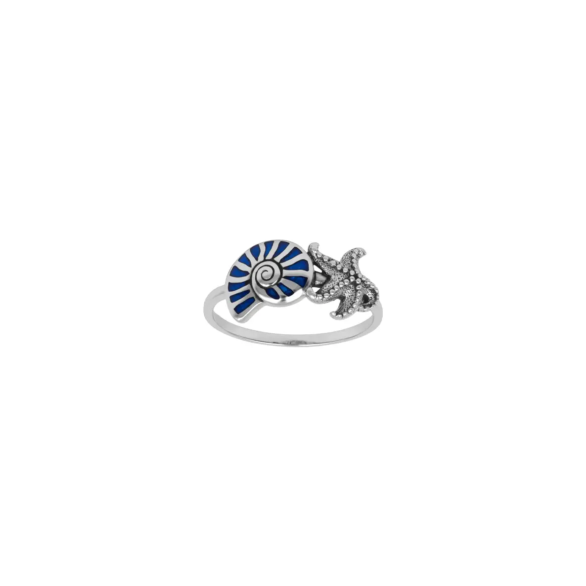 Nautilus Shell and Starfish Sterling Silver Ring with Paua Inlay